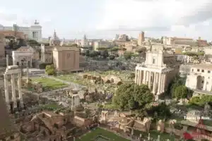 View from the Palatine Hill over the Roman Forum Panoramic view from the Palatine Hill over the Roman Forum with the Vittoriano on the left and Trajan's Markets and the Quirinal on the right in the background