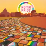 Offizielles Logo des Roma Pride Events in Rom mit Regenbogenfarben