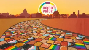 Offizielles Logo des Roma Pride Events in Rom mit Regenbogenfarben